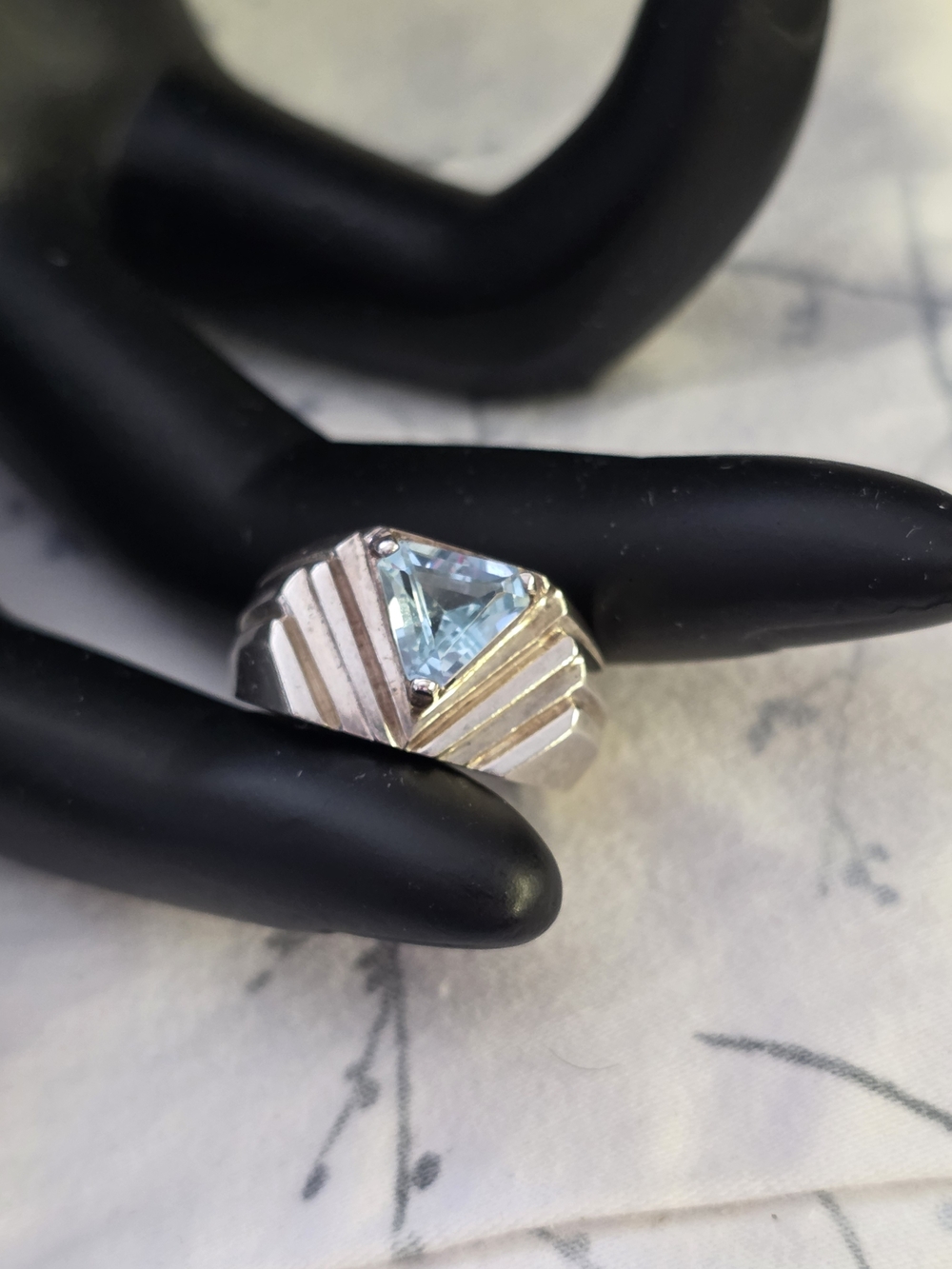 Vintage Sterling Silver JED Trillion Cut Blue Topaz Art Deco Ring